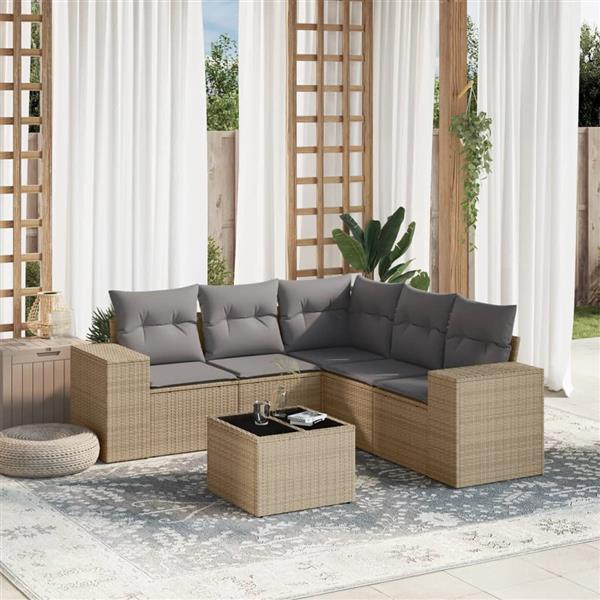 Grote foto vidaxl 6 delige loungeset met kussens poly rattan beige tuin en terras tuinmeubelen