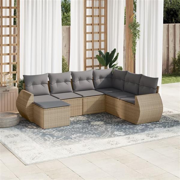 Grote foto vidaxl 7 delige loungeset met kussens poly rattan beige tuin en terras tuinmeubelen