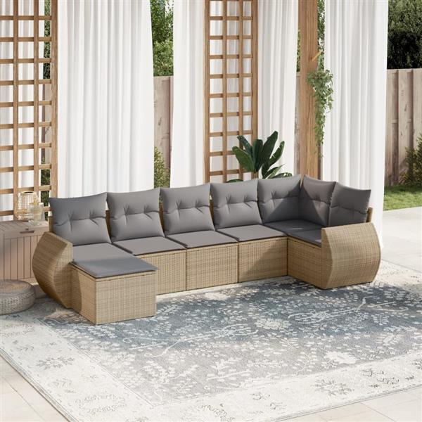 Grote foto vidaxl 7 delige loungeset met kussens poly rattan beige tuin en terras tuinmeubelen