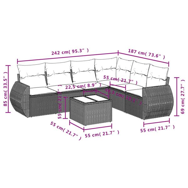 Grote foto vidaxl 7 delige loungeset met kussens poly rattan grijs tuin en terras tuinmeubelen