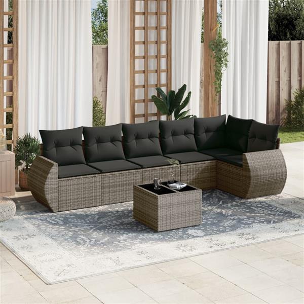 Grote foto vidaxl 7 delige loungeset met kussens poly rattan grijs tuin en terras tuinmeubelen