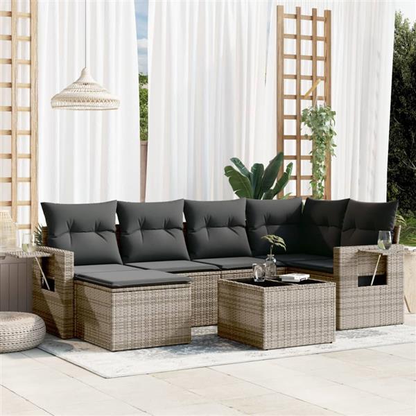 Grote foto vidaxl 7 delige loungeset met kussens poly rattan grijs tuin en terras tuinmeubelen