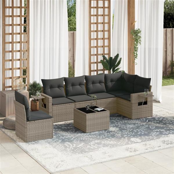 Grote foto vidaxl 7 delige loungeset met kussens poly rattan grijs tuin en terras tuinmeubelen