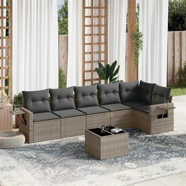 Grote foto vidaxl 7 delige loungeset met kussens poly rattan grijs tuin en terras tuinmeubelen