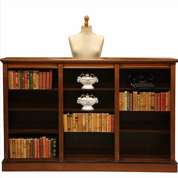 Grote foto lage en brede open boekenkast noten met zwarte accenten ca 1880 no.260610 antiek en kunst stoelen en banken