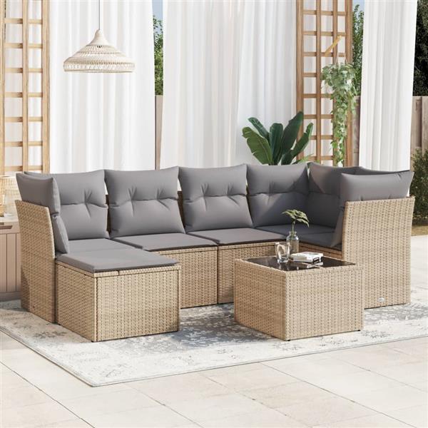 Grote foto vidaxl 7 delige loungeset met kussens poly rattan beige tuin en terras tuinmeubelen