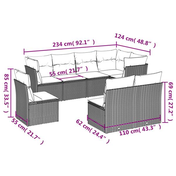 Grote foto vidaxl 8 delige loungeset met kussens poly rattan zwart tuin en terras tuinmeubelen