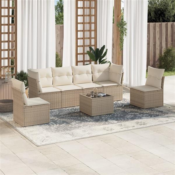 Grote foto vidaxl 7 delige loungeset met kussens poly rattan beige tuin en terras tuinmeubelen