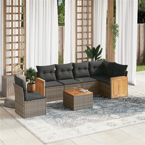 Grote foto vidaxl 7 delige loungeset met kussens poly rattan grijs tuin en terras tuinmeubelen