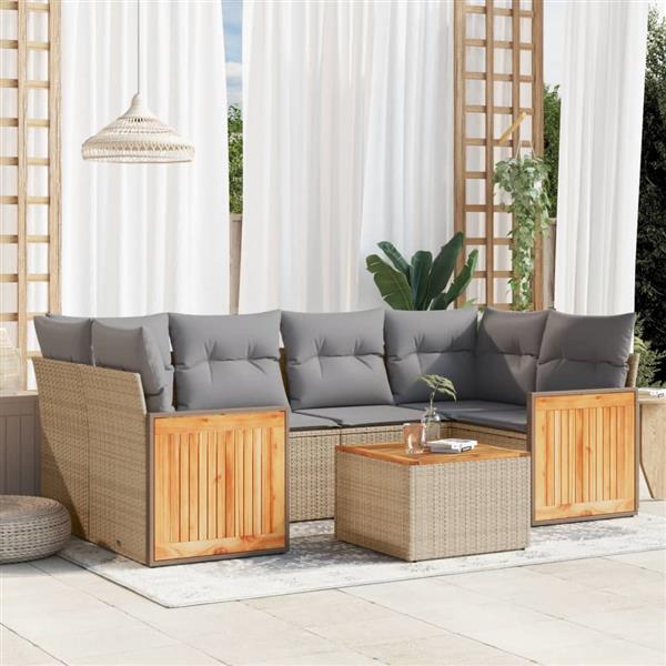 Grote foto vidaxl 7 delige loungeset met kussens poly rattan beige tuin en terras tuinmeubelen