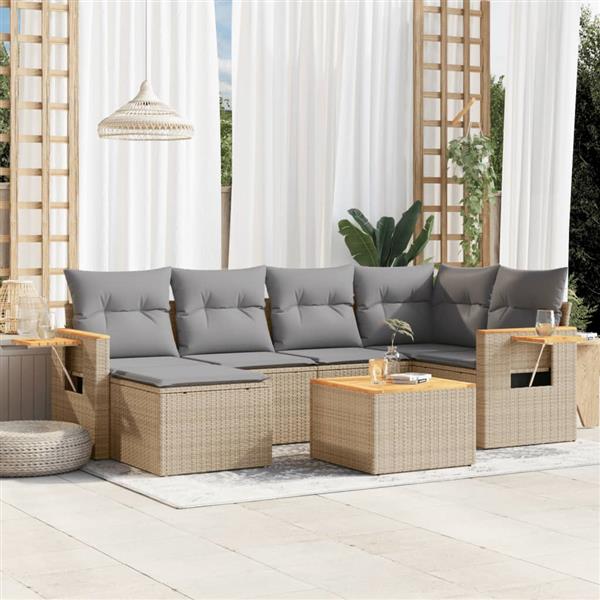 Grote foto vidaxl 7 delige loungeset met kussens poly rattan beige tuin en terras tuinmeubelen