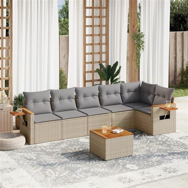 Grote foto vidaxl 7 delige loungeset met kussens poly rattan beige tuin en terras tuinmeubelen