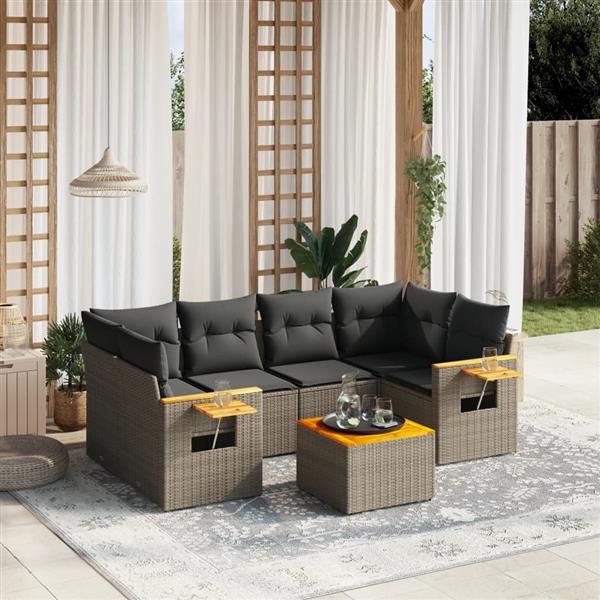 Grote foto vidaxl 7 delige loungeset met kussens poly rattan grijs tuin en terras tuinmeubelen
