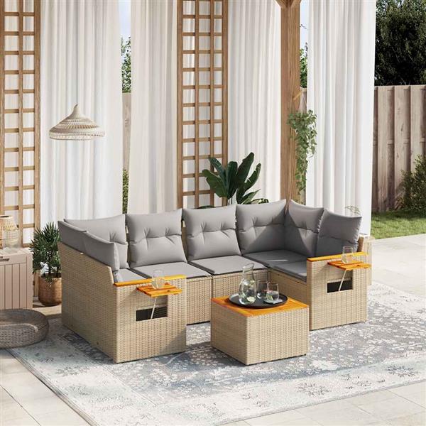 Grote foto vidaxl 7 delige loungeset met kussens poly rattan beige tuin en terras tuinmeubelen