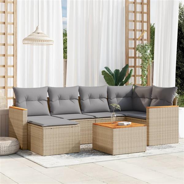 Grote foto vidaxl 7 delige loungeset met kussens poly rattan gemengd beige tuin en terras tuinmeubelen