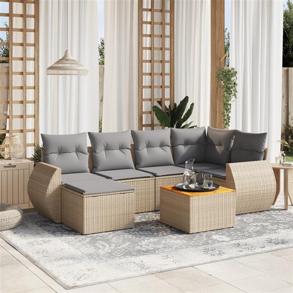 Grote foto vidaxl 7 delige loungeset met kussens poly rattan beige tuin en terras tuinmeubelen