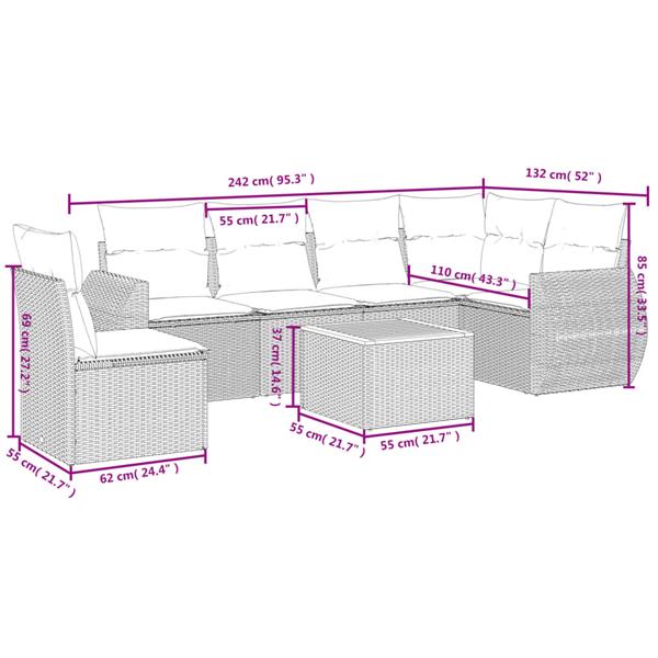 Grote foto vidaxl 7 delige loungeset met kussens poly rattan grijs tuin en terras tuinmeubelen