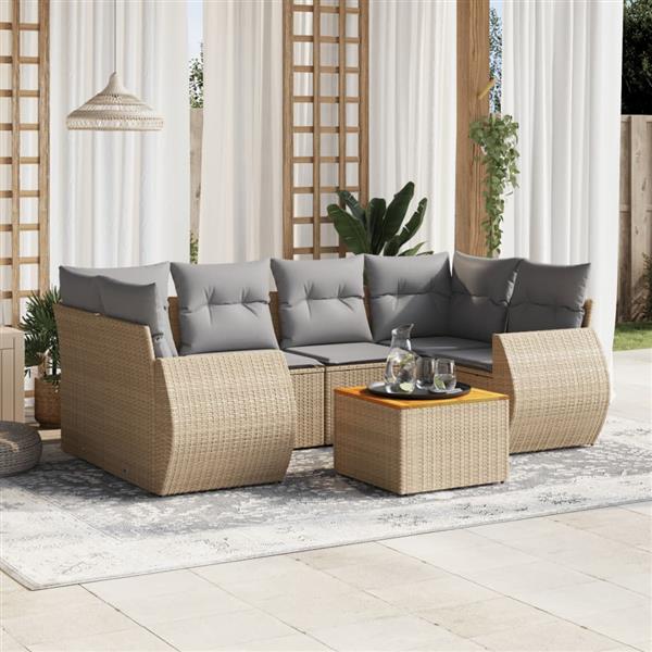 Grote foto vidaxl 7 delige loungeset met kussens poly rattan beige tuin en terras tuinmeubelen