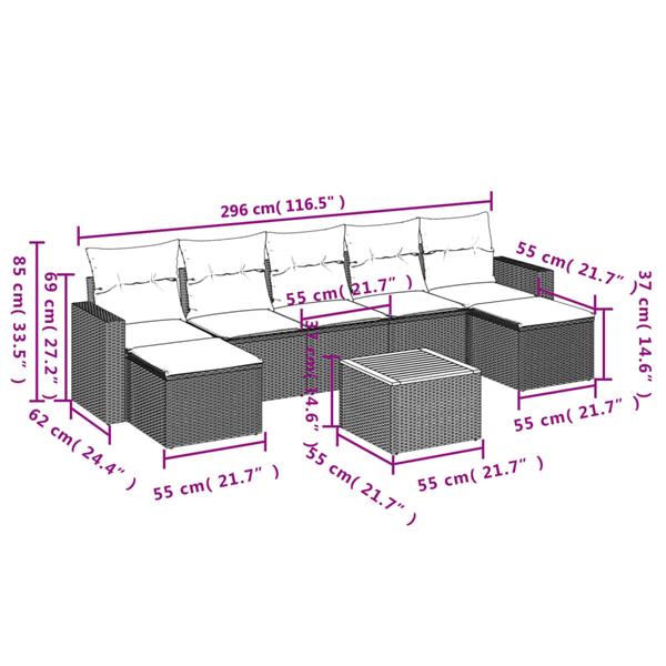 Grote foto vidaxl 8 delige loungeset met kussens poly rattan grijs tuin en terras tuinmeubelen