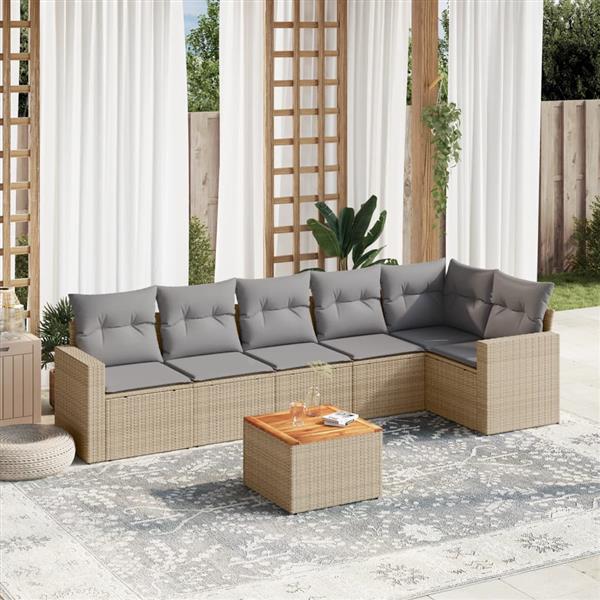 Grote foto vidaxl 7 delige loungeset met kussens poly rattan beige tuin en terras tuinmeubelen