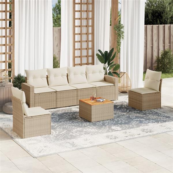 Grote foto vidaxl 7 delige loungeset met kussens poly rattan beige tuin en terras tuinmeubelen