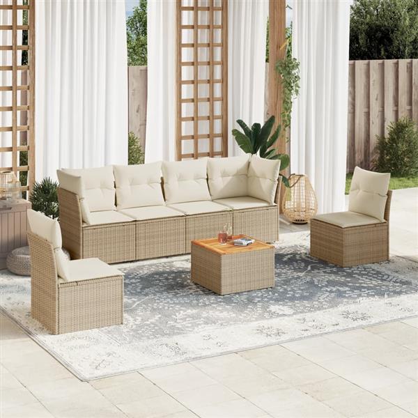 Grote foto vidaxl 7 delige loungeset met kussens poly rattan beige tuin en terras tuinmeubelen