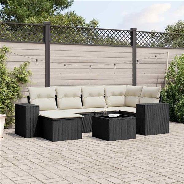 Grote foto vidaxl 7 delige loungeset met kussens poly rattan zwart tuin en terras tuinmeubelen
