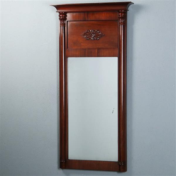 Grote foto smalle biedermeier mahoniehouten schouwspiegel ca 1820 met zuilen no.270135 hoogte 1.28 m. antiek en kunst spiegels