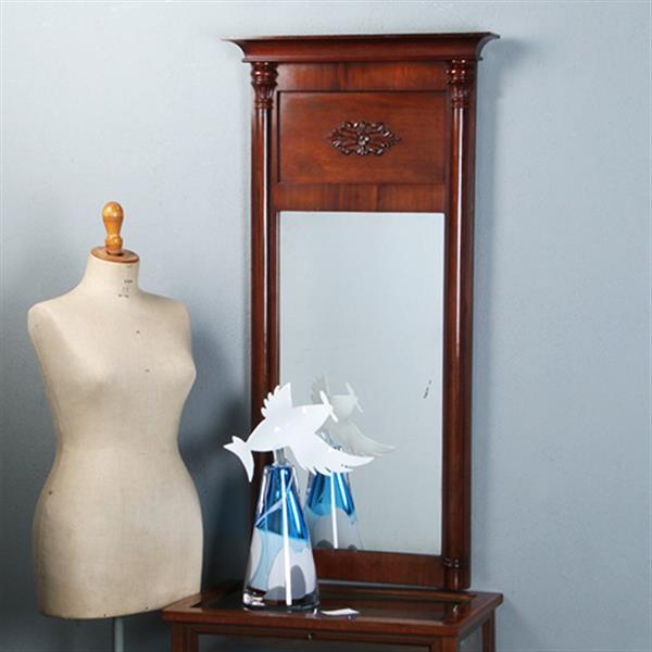 Grote foto smalle biedermeier mahoniehouten schouwspiegel ca 1820 met zuilen no.270135 hoogte 1.28 m. antiek en kunst spiegels