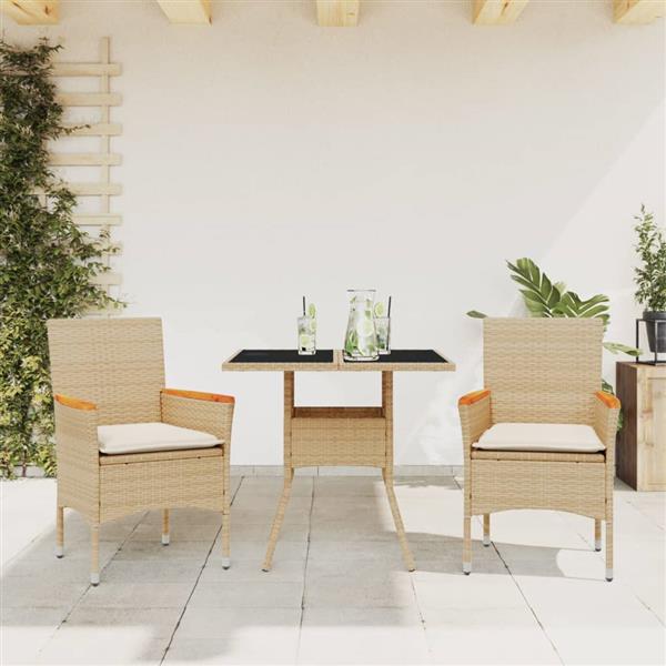 Grote foto vidaxl 3 delige tuinset met kussens poly rattan en glas beige tuin en terras tuinmeubelen