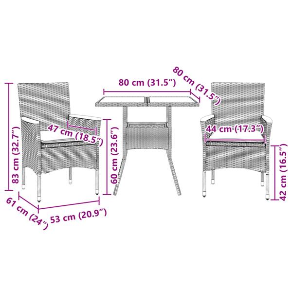 Grote foto vidaxl 3 delige tuinset met kussens poly rattan en glas beige tuin en terras tuinmeubelen