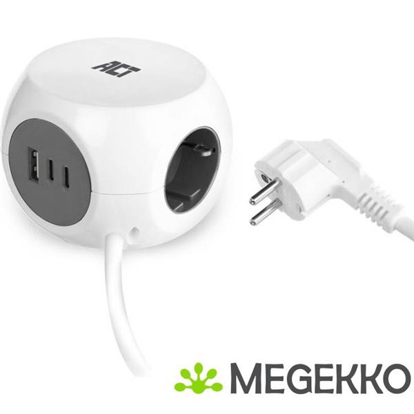 Grote foto act stekkerdoos kubus met 3 type f stopcontacten. 30w power delivery usb c a poorten. kabellengte 1 computers en software overige