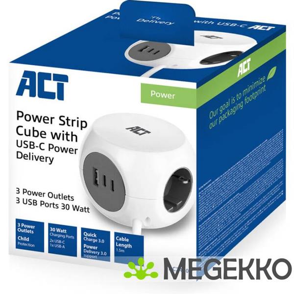 Grote foto act stekkerdoos kubus met 3 type f stopcontacten. 30w power delivery usb c a poorten. kabellengte 1 computers en software overige