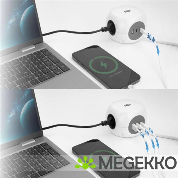 Grote foto act stekkerdoos kubus met 3 type f stopcontacten. 30w power delivery usb c a poorten. kabellengte 1 computers en software overige