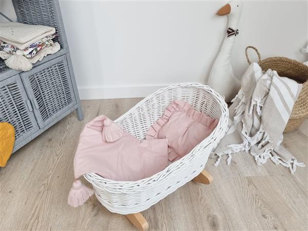 Grote foto rieten poppenwieg wit met dekens dekens roze met strik kinderen en baby poppen