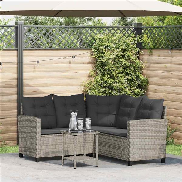 Grote foto vidaxl tuinbank met tafel en kussens l vormig poly rattan grijs tuin en terras tuinmeubelen