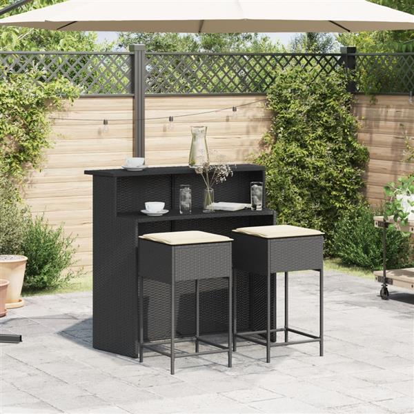Grote foto vidaxl 3 delige tuinbarset met kussens poly rattan zwart tuin en terras tuinmeubelen