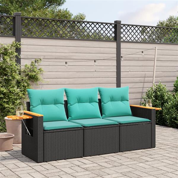 Grote foto vidaxl 3 delige loungeset met kussens poly rattan zwart tuin en terras tuinmeubelen