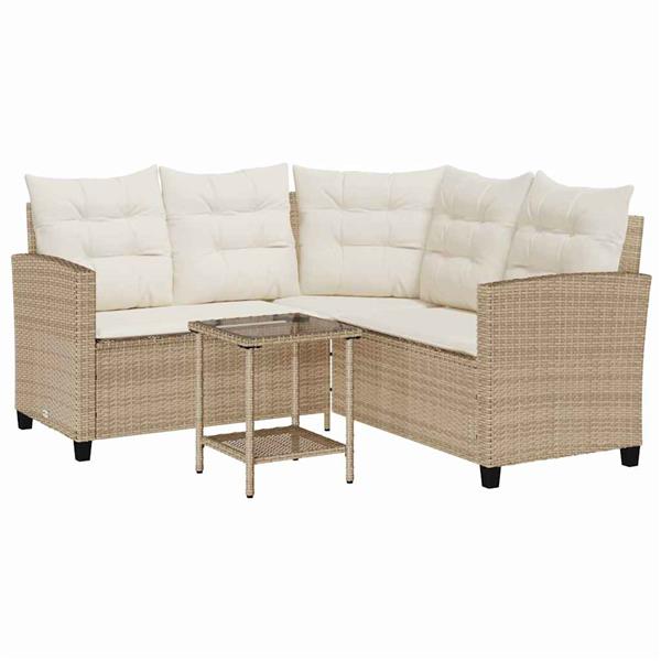 Grote foto vidaxl tuinbank met tafel en kussens l vormig beige poly rattan tuin en terras tuinmeubelen