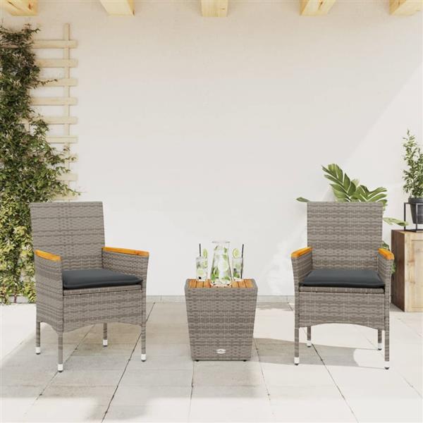 Grote foto vidaxl 3 delige bistroset met kussens poly rattan en glas grijs tuin en terras tuinmeubelen