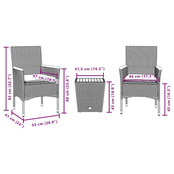 Grote foto vidaxl 3 delige bistroset met kussens poly rattan en glas grijs tuin en terras tuinmeubelen
