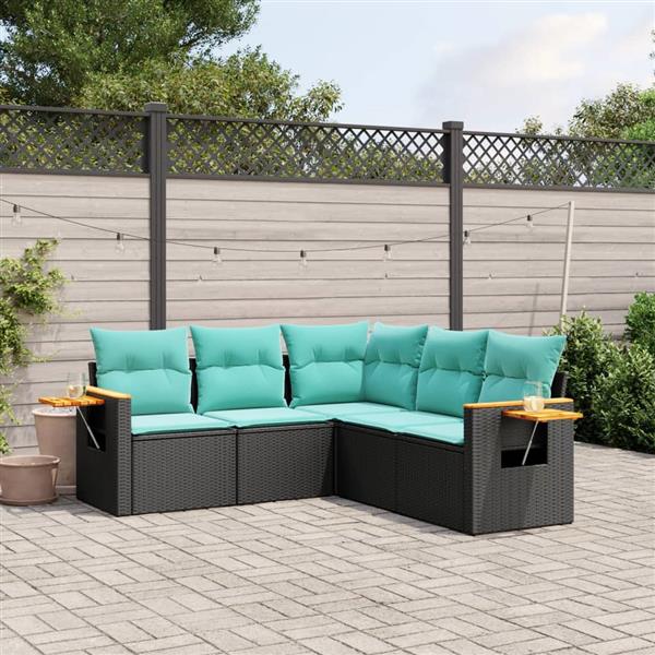 Grote foto vidaxl 5 delige loungeset met kussens poly rattan zwart tuin en terras tuinmeubelen