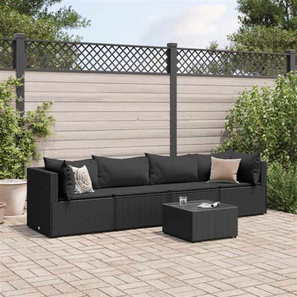 Grote foto vidaxl 5 delige loungeset met kussens poly rattan zwart tuin en terras tuinmeubelen