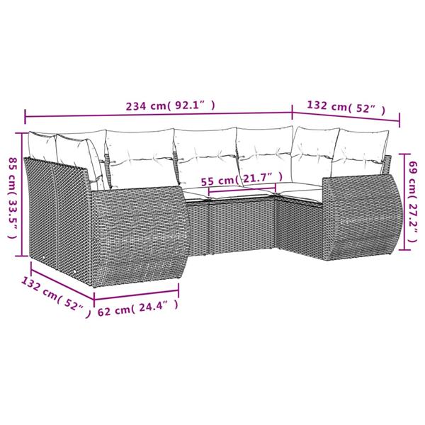 Grote foto vidaxl 6 delige loungeset met kussens poly rattan bruin tuin en terras tuinmeubelen