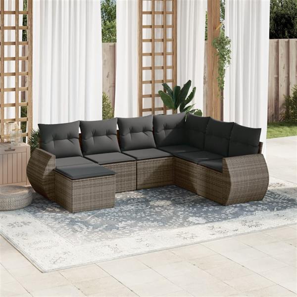 Grote foto vidaxl 7 delige loungeset met kussens poly rattan grijs tuin en terras tuinmeubelen