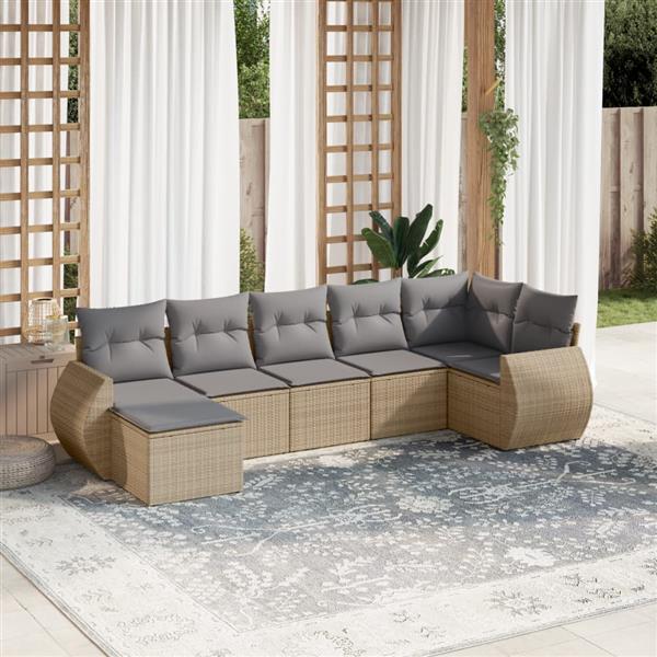 Grote foto vidaxl 7 delige loungeset met kussens poly rattan beige tuin en terras tuinmeubelen
