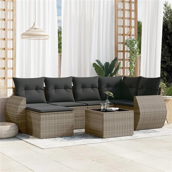 Grote foto vidaxl 7 delige loungeset met kussens poly rattan grijs tuin en terras tuinmeubelen