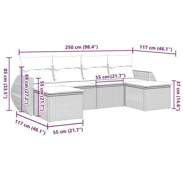 Grote foto vidaxl 6 delige loungeset met kussens poly rattan lichtgrijs tuin en terras tuinmeubelen