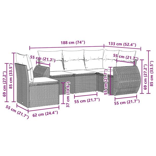 Grote foto vidaxl 5 delige loungeset met kussens poly rattan lichtgrijs tuin en terras tuinmeubelen