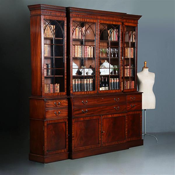 Grote foto grote breakfront boekenkast of bibliotheekkast ca 1910 met 8 deuren en bureau no.280325 antiek en kunst overige in antiek gebruiksvoorwerpen